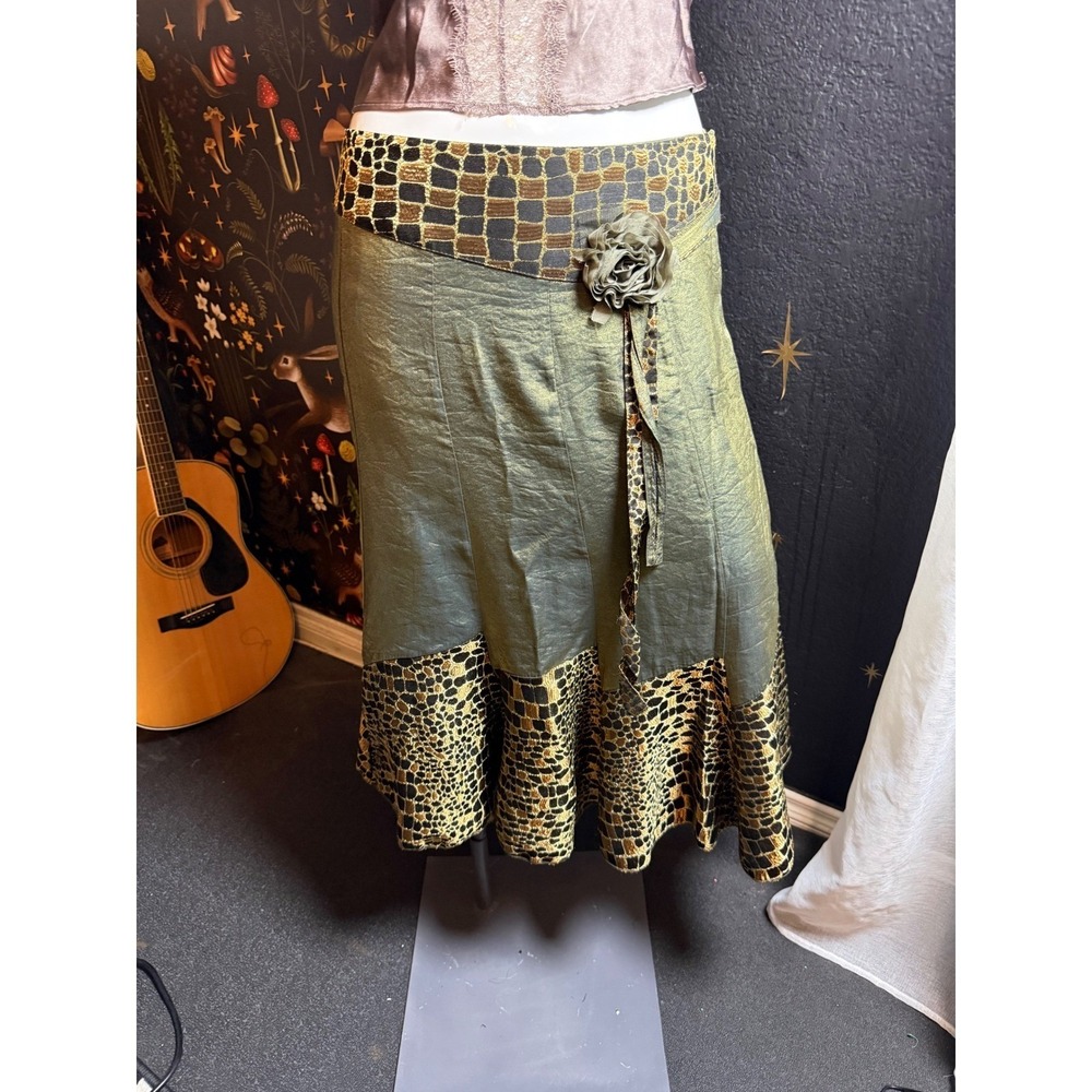 Misha Women Olive Green Metallic Animal Print Midi Skirt Rosette Y2K Boho M